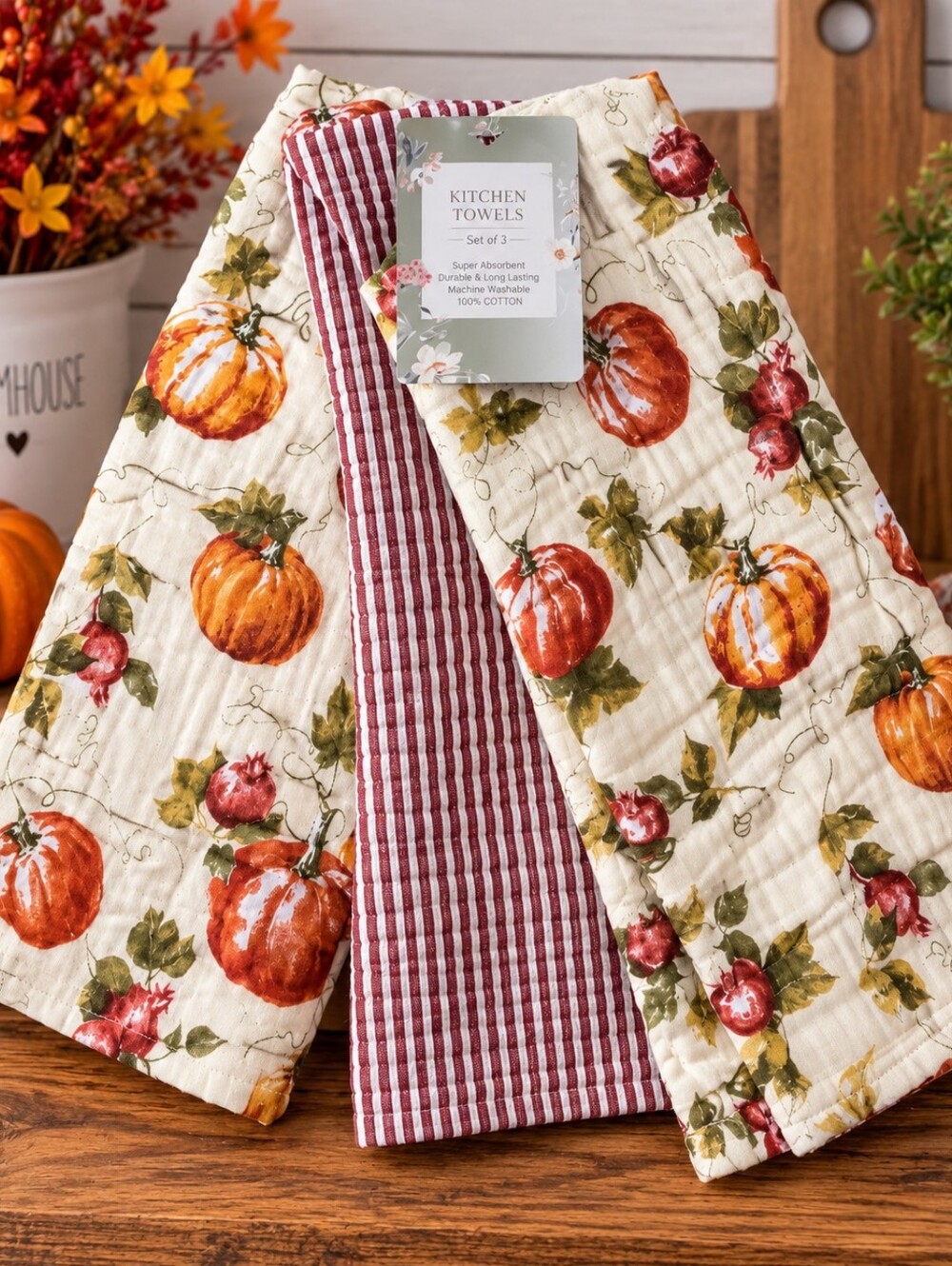 Harvest Pumpkin Cotton Kitchen Towels - Set of 3